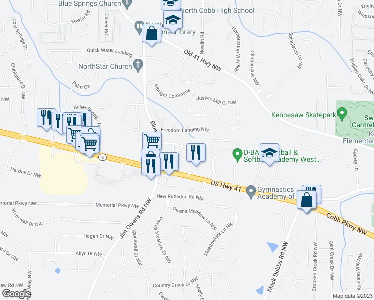 map of restaurants, bars, coffee shops, grocery stores, and more near 3337 Blue Springs Walk in Kennesaw