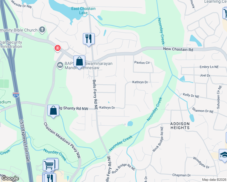 map of restaurants, bars, coffee shops, grocery stores, and more near 99 Christine Drive Northeast in Marietta