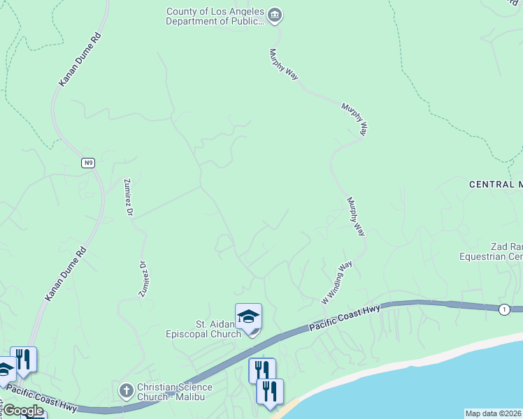 map of restaurants, bars, coffee shops, grocery stores, and more near 6096 Ramirez Canyon Road in Malibu