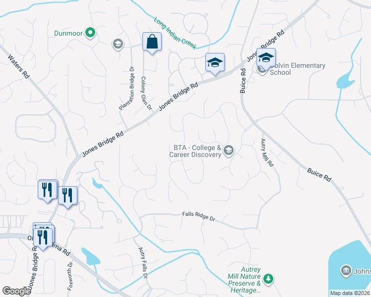 map of restaurants, bars, coffee shops, grocery stores, and more near 10500 Oxford Mill Circle in Alpharetta