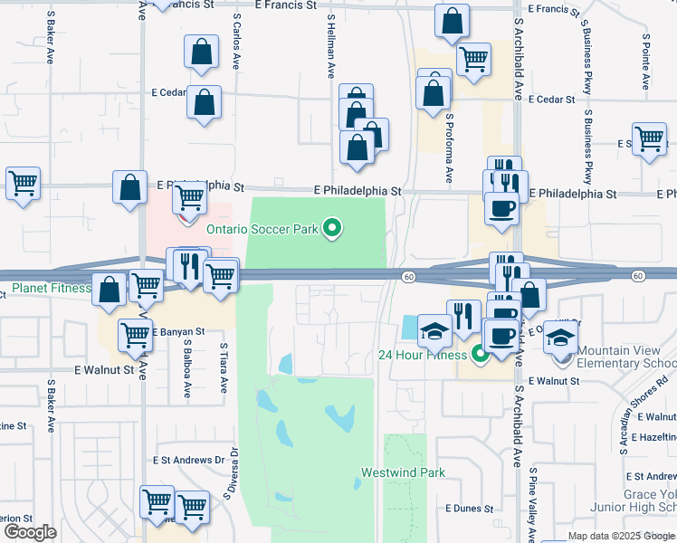 map of restaurants, bars, coffee shops, grocery stores, and more near CYA Counselor Ineasie M. Baker Memorial Freeway in Ontario