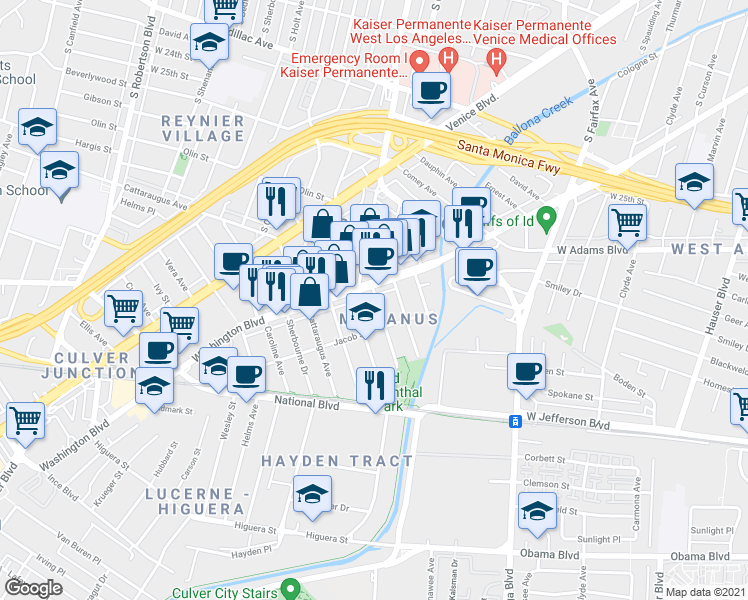 map of restaurants, bars, coffee shops, grocery stores, and more near 3115 Roberts Avenue in Culver City
