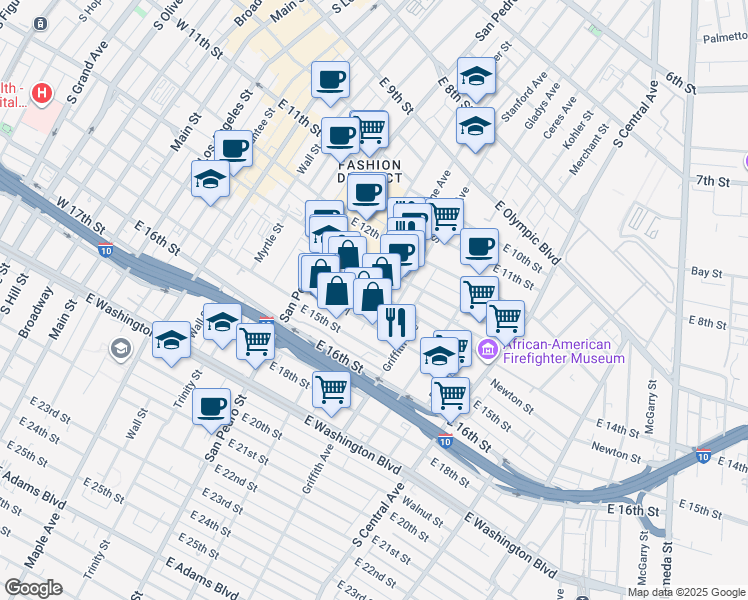 map of restaurants, bars, coffee shops, grocery stores, and more near 773 East 14th Place in Los Angeles