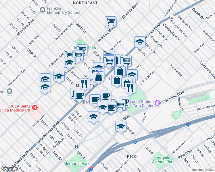 map of restaurants, bars, coffee shops, grocery stores, and more near 1434 24th Street in Santa Monica