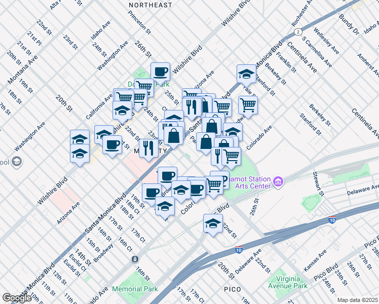 map of restaurants, bars, coffee shops, grocery stores, and more near 1434 24th Street in Santa Monica