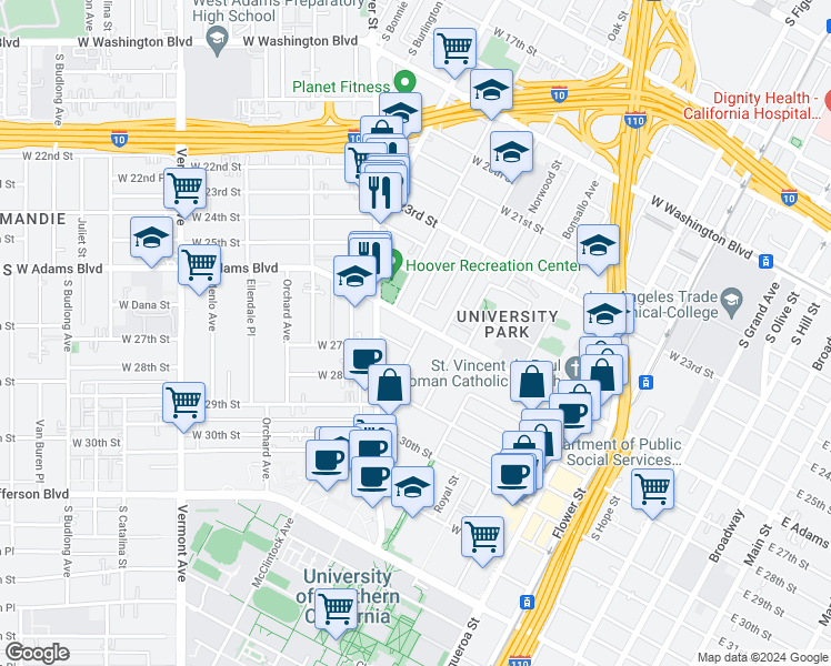 map of restaurants, bars, coffee shops, grocery stores, and more near in Los Angeles