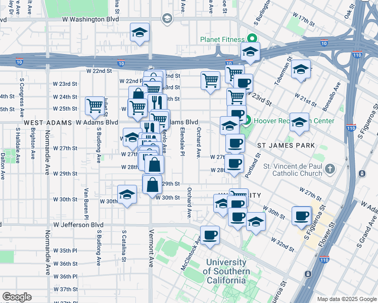 map of restaurants, bars, coffee shops, grocery stores, and more near 2676 Ellendale Place in Los Angeles