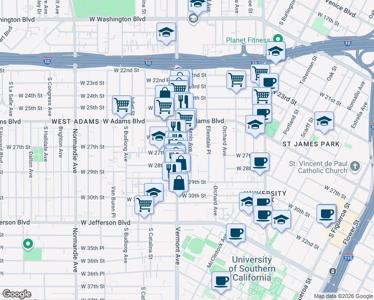 map of restaurants, bars, coffee shops, grocery stores, and more near 2678 Menlo Avenue in Los Angeles