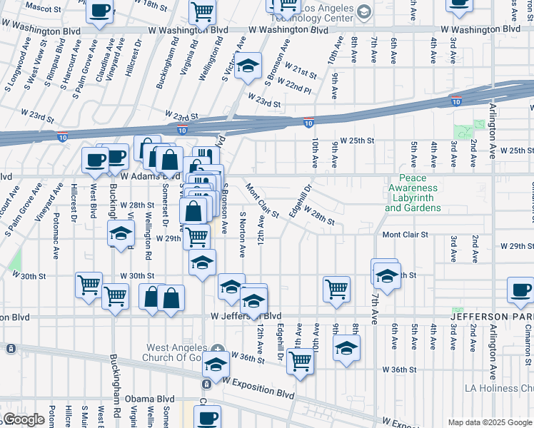 map of restaurants, bars, coffee shops, grocery stores, and more near 2819 12th Avenue in Los Angeles