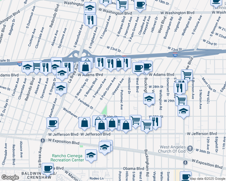 map of restaurants, bars, coffee shops, grocery stores, and more near 2829 Vineyard Avenue in Los Angeles
