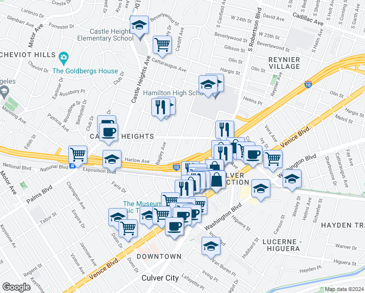 map of restaurants, bars, coffee shops, grocery stores, and more near 3330 South Canfield Avenue in Los Angeles