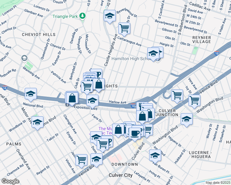 map of restaurants, bars, coffee shops, grocery stores, and more near 3326 Cardiff Avenue in Los Angeles