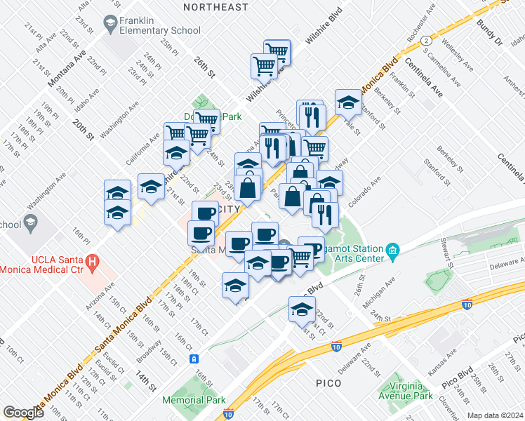 map of restaurants, bars, coffee shops, grocery stores, and more near 1425 Cloverfield Boulevard in Santa Monica