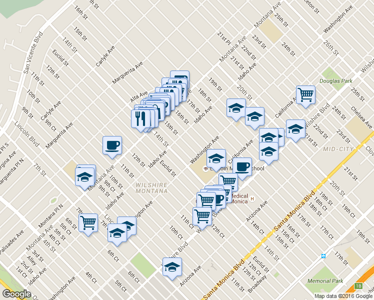 map of restaurants, bars, coffee shops, grocery stores, and more near 925 14th Street in Santa Monica