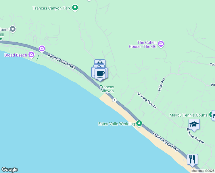 map of restaurants, bars, coffee shops, grocery stores, and more near California 1 in Malibu