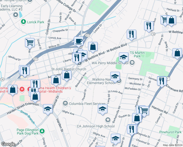 map of restaurants, bars, coffee shops, grocery stores, and more near 3432 Piedmont Avenue in Columbia