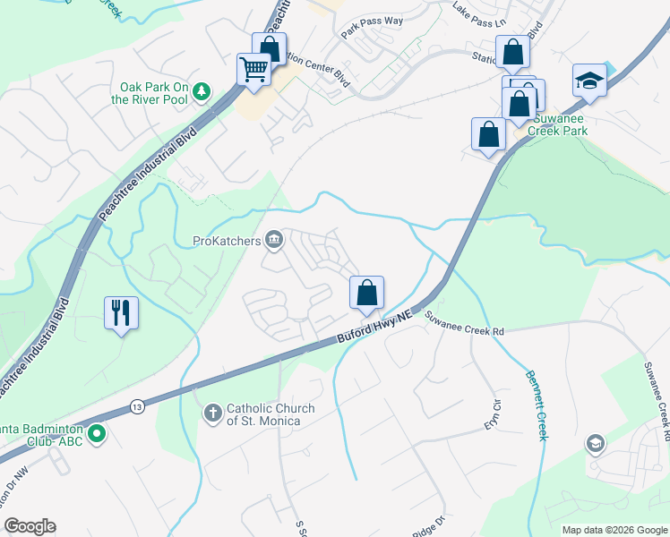 map of restaurants, bars, coffee shops, grocery stores, and more near 3754 Baxley Point Drive in Suwanee