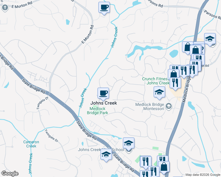 map of restaurants, bars, coffee shops, grocery stores, and more near 10260 Groomsbridge Road in Alpharetta