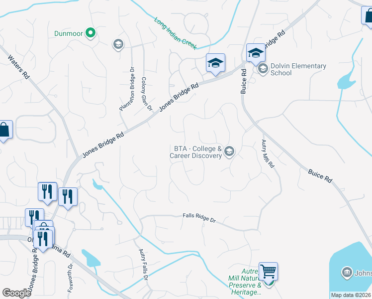 map of restaurants, bars, coffee shops, grocery stores, and more near 10500 Oxford Mill Circle in Alpharetta