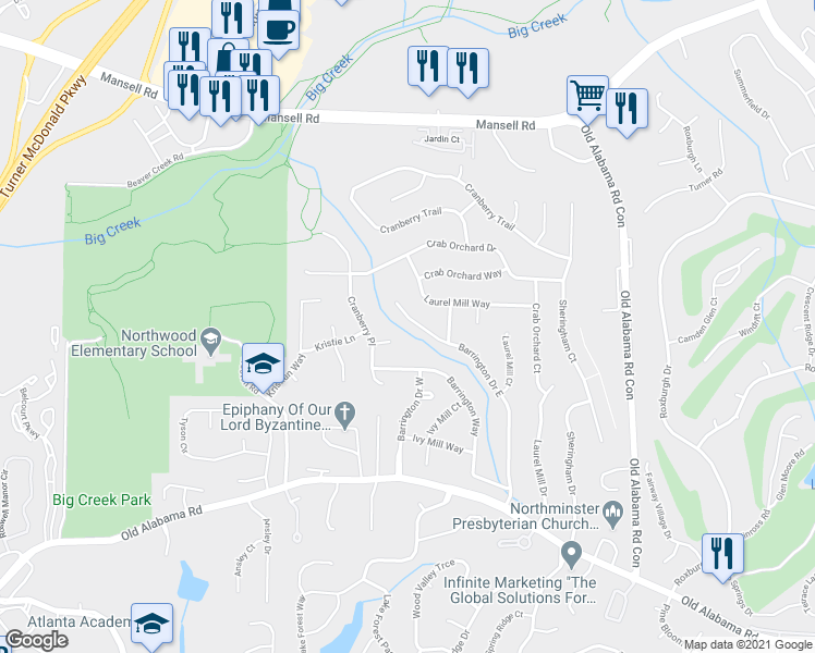 map of restaurants, bars, coffee shops, grocery stores, and more near 400 Barrington Drive East in Roswell