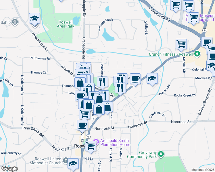map of restaurants, bars, coffee shops, grocery stores, and more near 207 Old Orchard Lane in Roswell