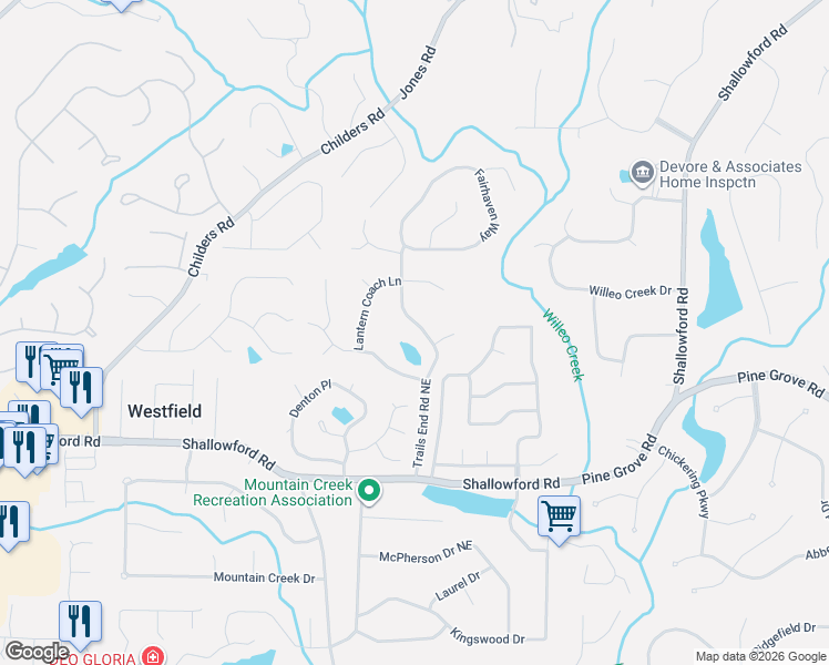 map of restaurants, bars, coffee shops, grocery stores, and more near 3337 Trails End Road Northeast in Roswell