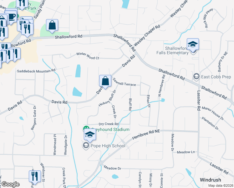 map of restaurants, bars, coffee shops, grocery stores, and more near 3346 Hickory Bluff Drive in Marietta