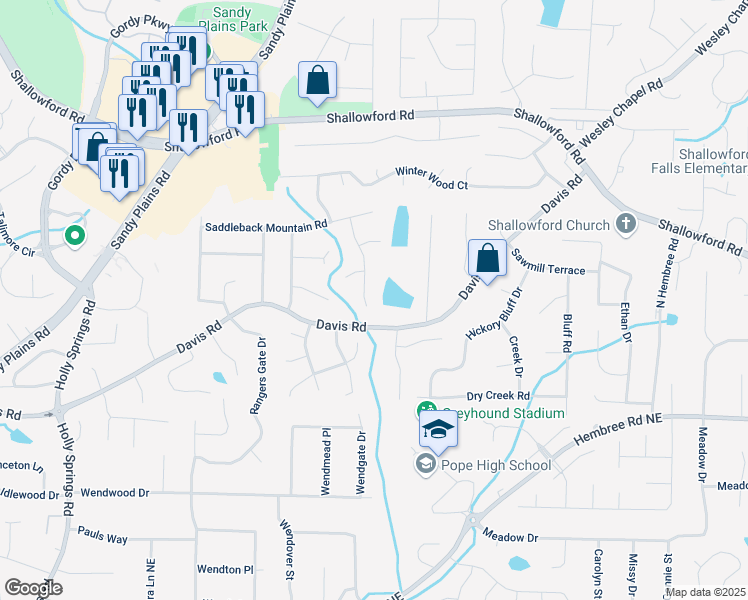 map of restaurants, bars, coffee shops, grocery stores, and more near 3320 Woodleaf Way in Marietta