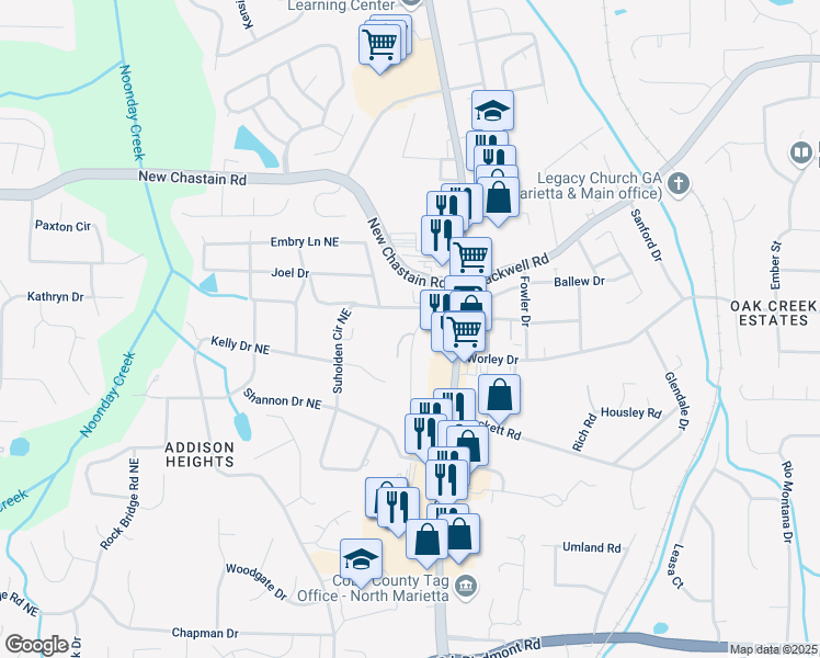 map of restaurants, bars, coffee shops, grocery stores, and more near 3139 Hilltop Drive in Marietta
