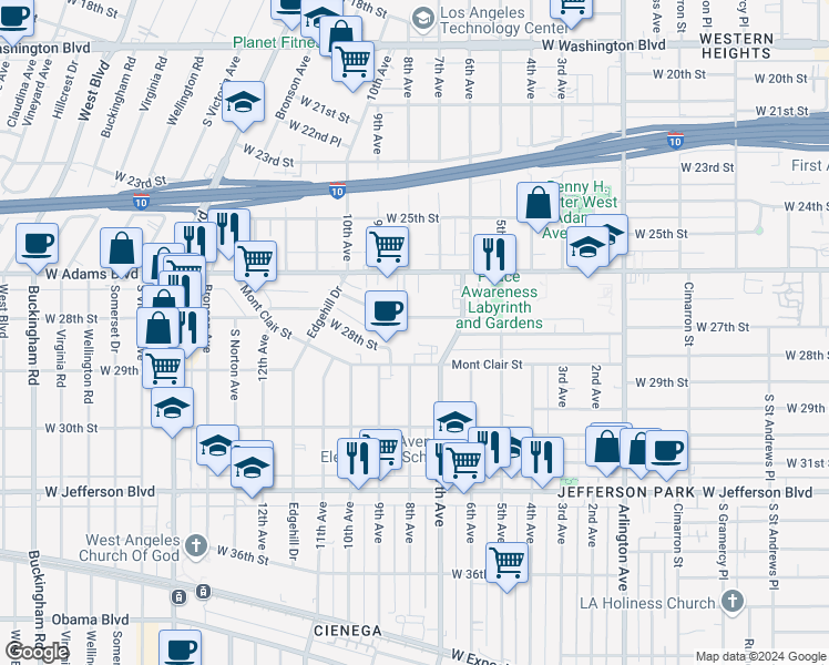 map of restaurants, bars, coffee shops, grocery stores, and more near 3800 West 27th Street in Los Angeles
