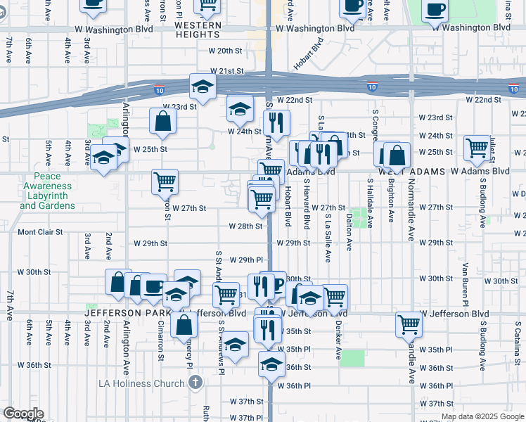 map of restaurants, bars, coffee shops, grocery stores, and more near 2715 South Western Avenue in Los Angeles
