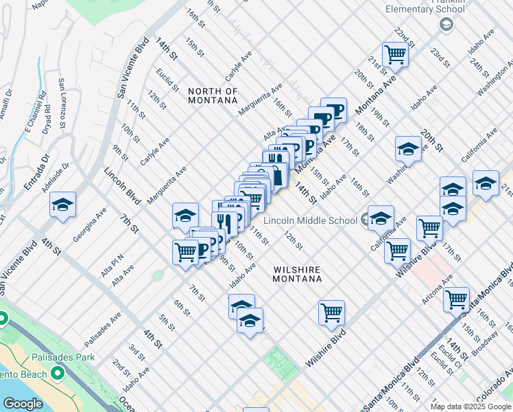 map of restaurants, bars, coffee shops, grocery stores, and more near 1134 Montana Avenue in Santa Monica