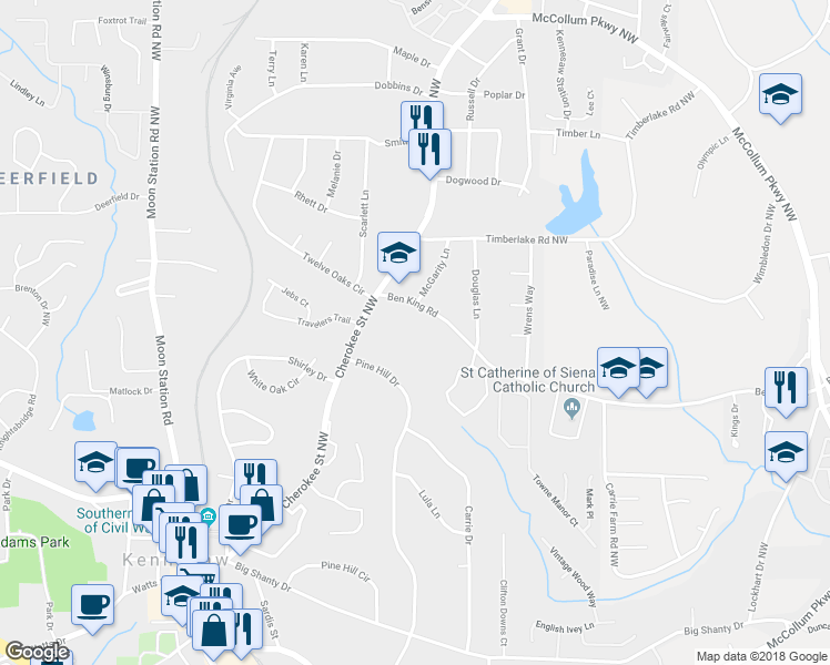 map of restaurants, bars, coffee shops, grocery stores, and more near 1660 Ben King Road in Kennesaw