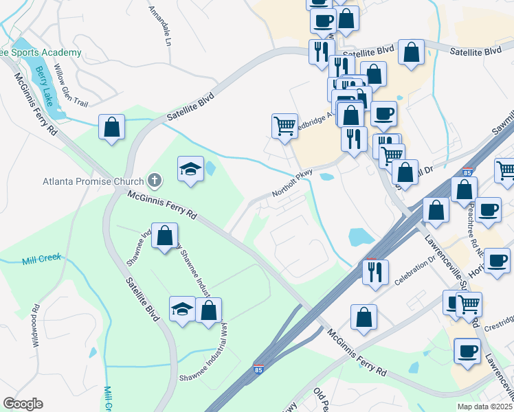 map of restaurants, bars, coffee shops, grocery stores, and more near 581 Northaven Avenue in Suwanee