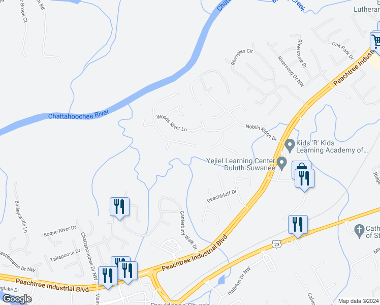 map of restaurants, bars, coffee shops, grocery stores, and more near 2185 Woods River Lane in Duluth