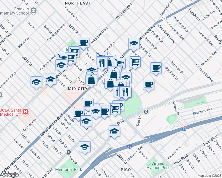 map of restaurants, bars, coffee shops, grocery stores, and more near 2500 Broadway in Santa Monica