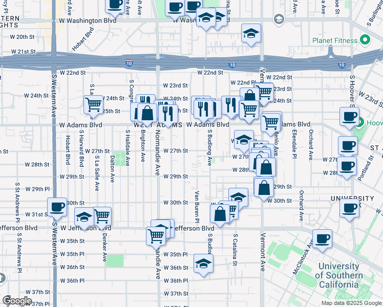 map of restaurants, bars, coffee shops, grocery stores, and more near 1604 West 27th Street in Los Angeles