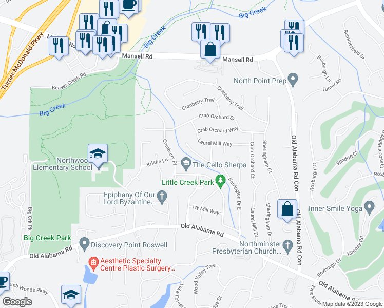 map of restaurants, bars, coffee shops, grocery stores, and more near 400 Barrington Drive East in Roswell
