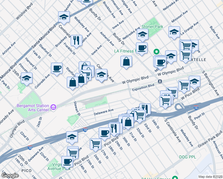 map of restaurants, bars, coffee shops, grocery stores, and more near 3254 Olympic Boulevard in Santa Monica