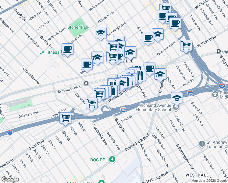 map of restaurants, bars, coffee shops, grocery stores, and more near 11840 Tennessee Place in Los Angeles