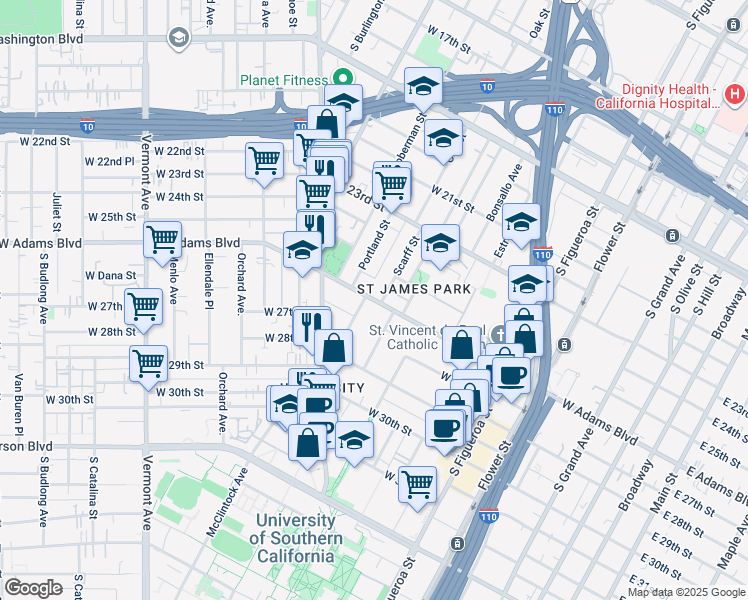 map of restaurants, bars, coffee shops, grocery stores, and more near 2611 Portland Street in Los Angeles