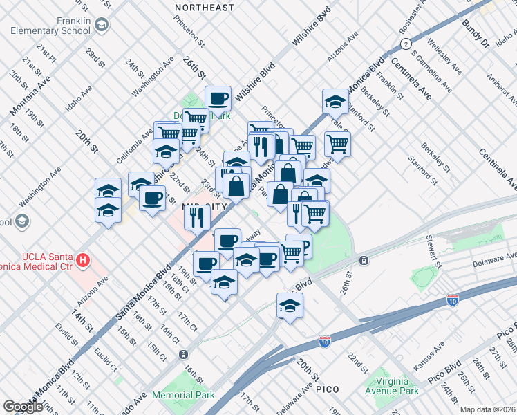 map of restaurants, bars, coffee shops, grocery stores, and more near 1436 24th Street in Santa Monica