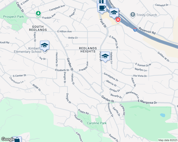 map of restaurants, bars, coffee shops, grocery stores, and more near 227 Candy Lane in Redlands