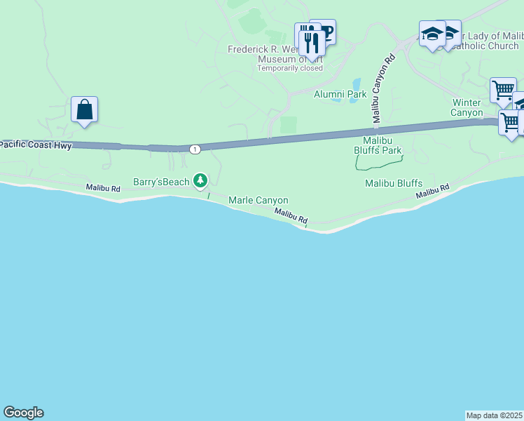 map of restaurants, bars, coffee shops, grocery stores, and more near 24548 Malibu Road in Malibu