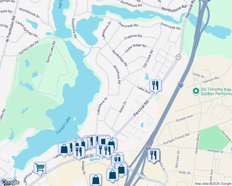 map of restaurants, bars, coffee shops, grocery stores, and more near 5857 Woodvine Road in Columbia