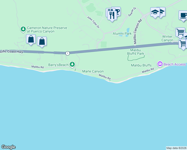 map of restaurants, bars, coffee shops, grocery stores, and more near 24554 Malibu Road in Malibu
