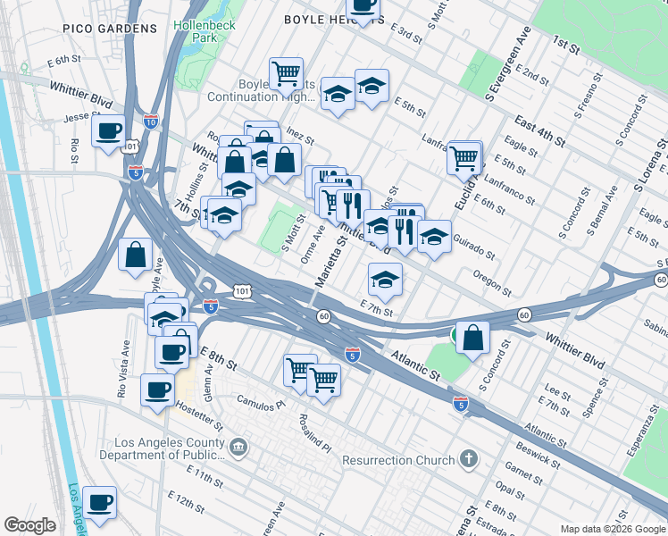 map of restaurants, bars, coffee shops, grocery stores, and more near 956 Marietta Street in Los Angeles