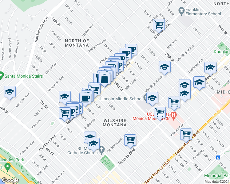 map of restaurants, bars, coffee shops, grocery stores, and more near 843 Euclid Street in Santa Monica