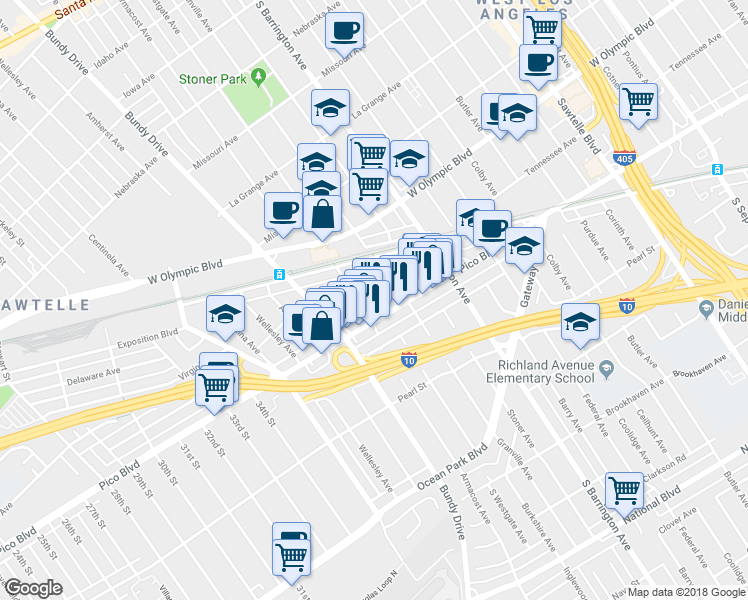map of restaurants, bars, coffee shops, grocery stores, and more near 11840 Tennessee Place in Los Angeles