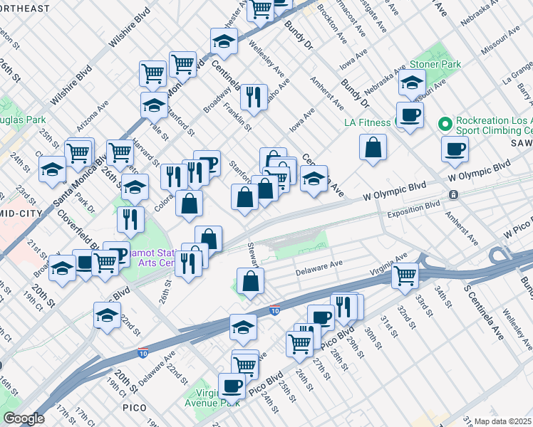 map of restaurants, bars, coffee shops, grocery stores, and more near 2932 Nebraska Avenue in Santa Monica